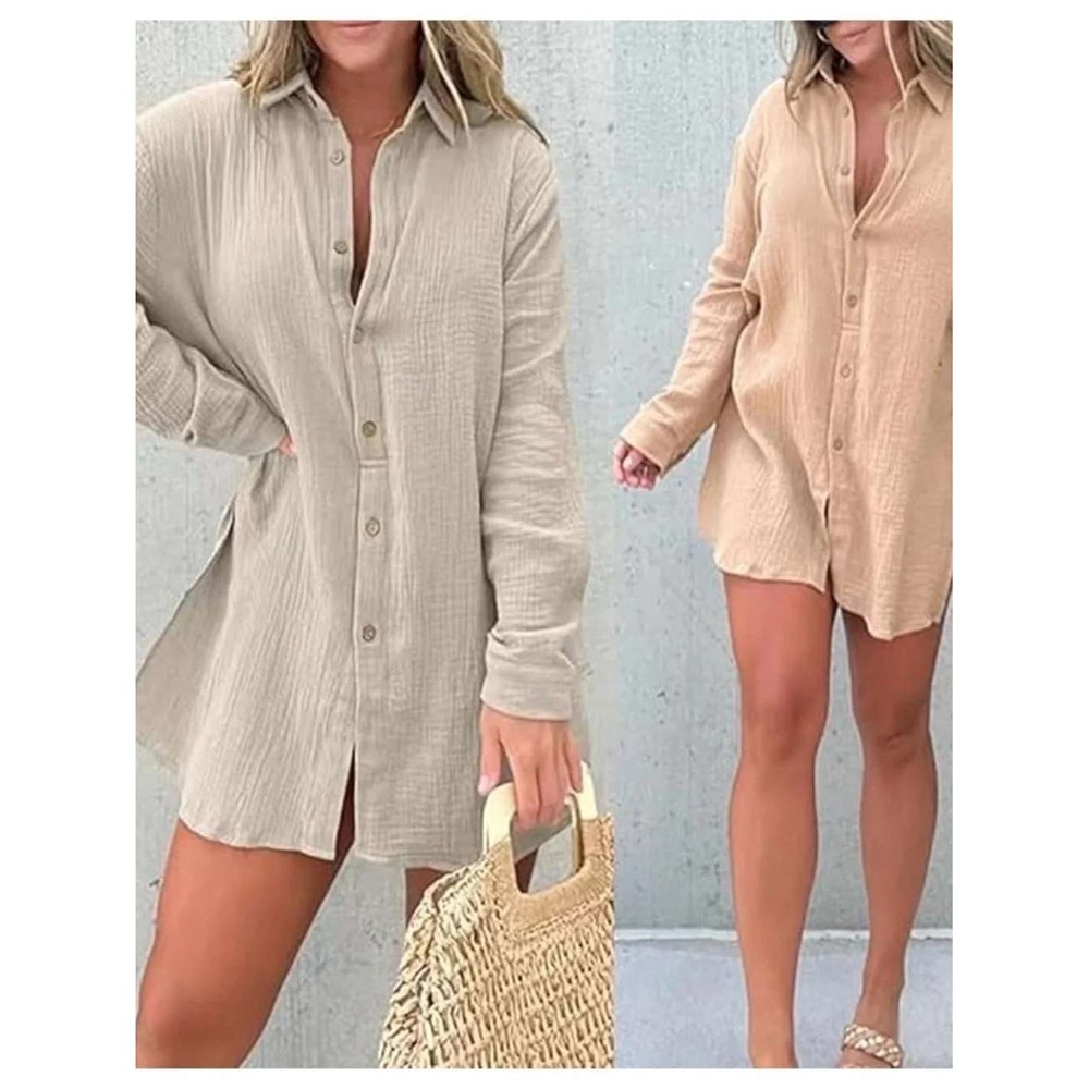 Cashmere & Champagne Gauze Solid Shirt Beige Coastal Oversized Slit Size M